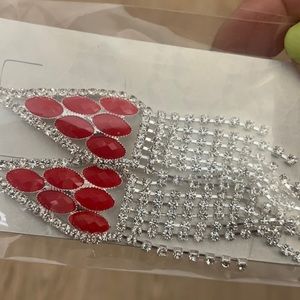 Red stone and white rhinestone earrings
